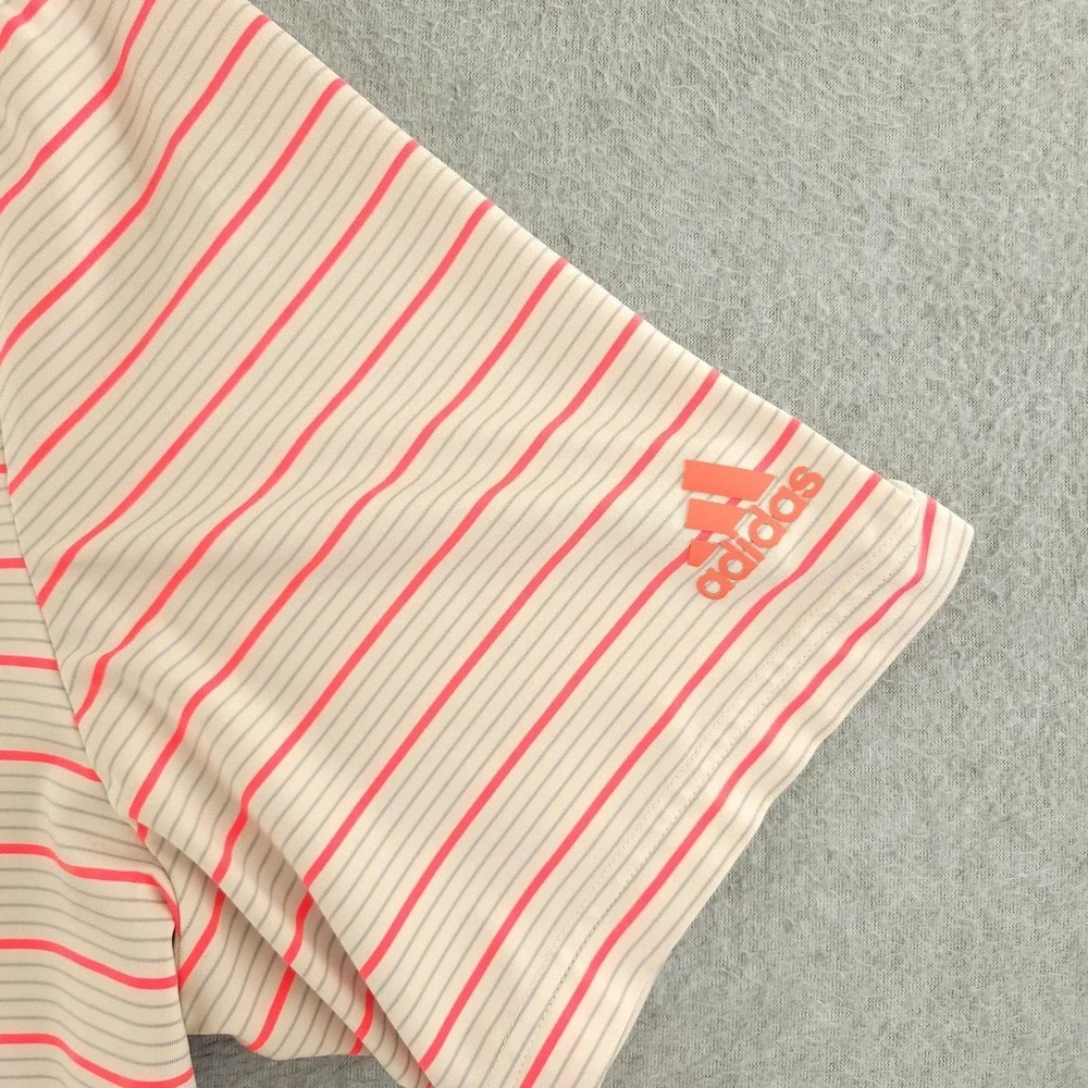 Adidas Polo Shirt Mens XL‎ Pink Stripe Golf Performance Stretch Logo Top